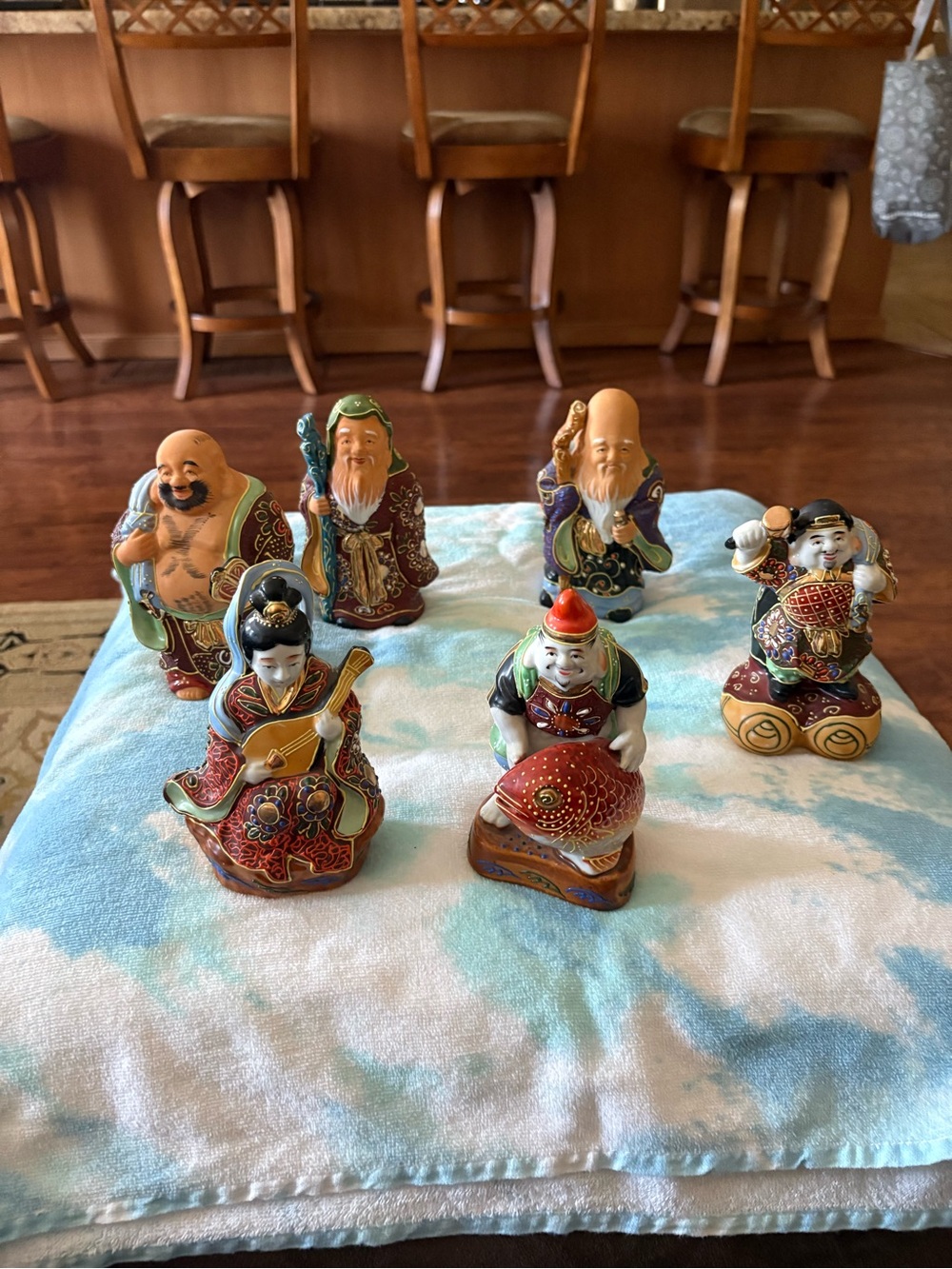 Japanese Kutani Porcelain Moriage Figurines set of 6 and about 6 inches tall